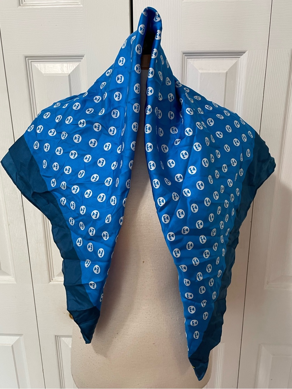 100% Silk Symmetry Blue and White Scarf 34”X34”.